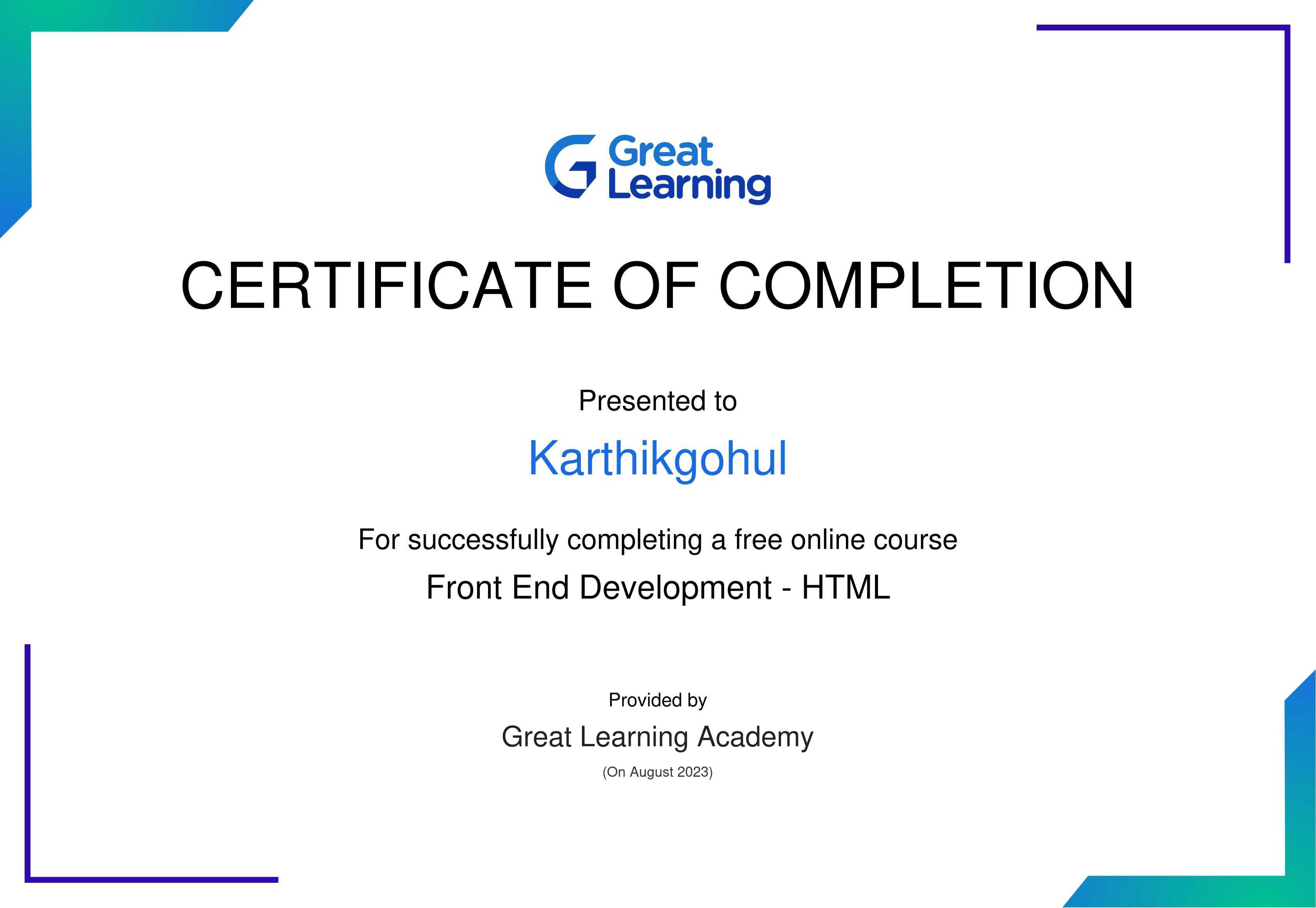 HTML certificate by Great Learning